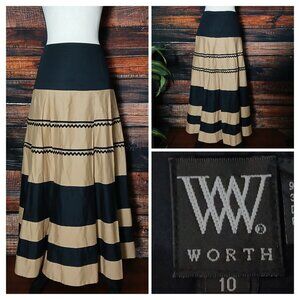 Worthington Maxi Skirt Size 10 Pleated Black Tan Striped Side Zip Lined Pockets